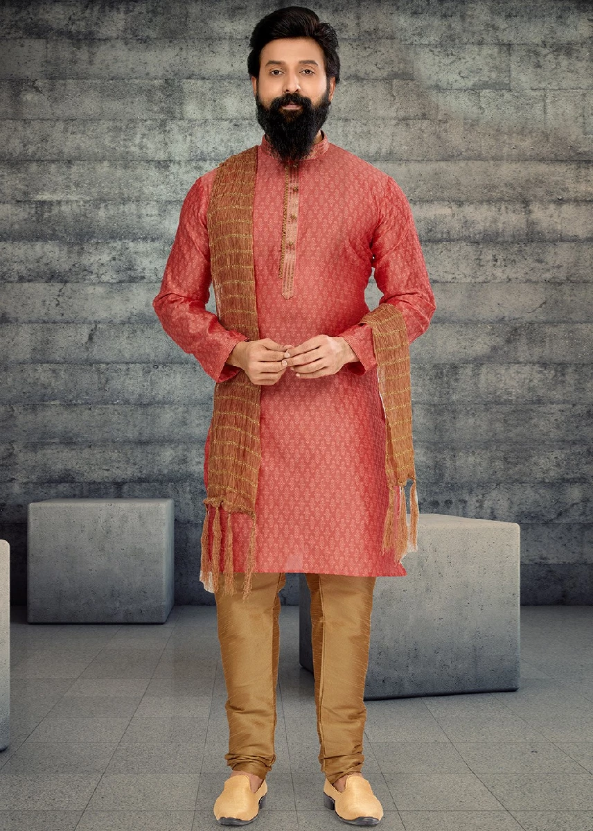 Red Woven Kurta Pajama In Jacquard, 36-1.webp